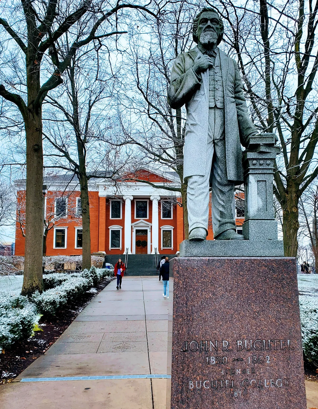 John R. Buchtel statue and Buchtel Hall at The University of Akron