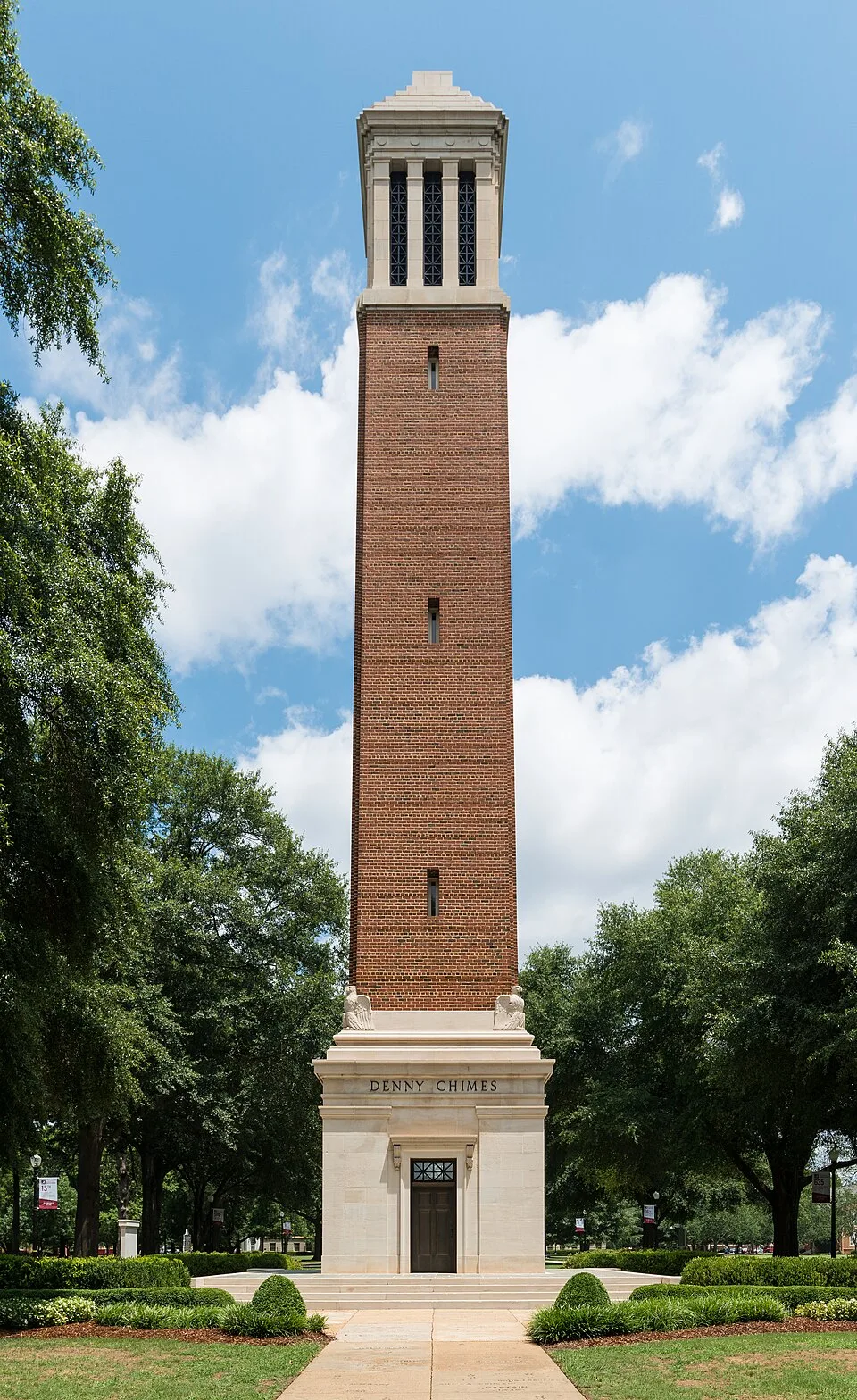 A south view of Denny Chimes, a bell tower, located on the campus of the University of Alabama, Tuscaloosa