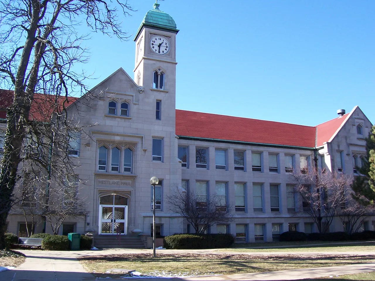 Westlake Hall and its clock tower at Bradley University.