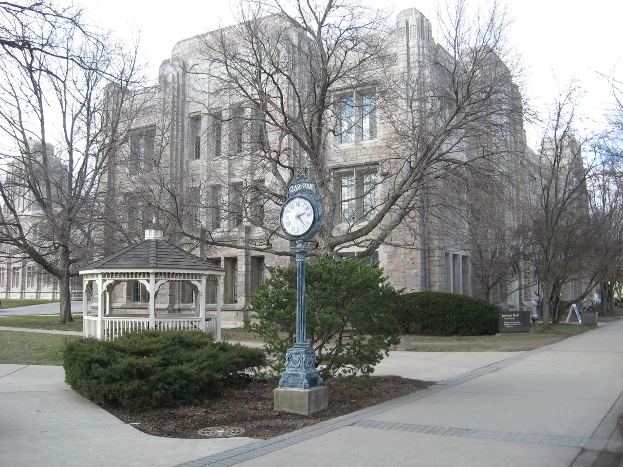 Jordan Hall, a gazebo and campus paths at Butler University.