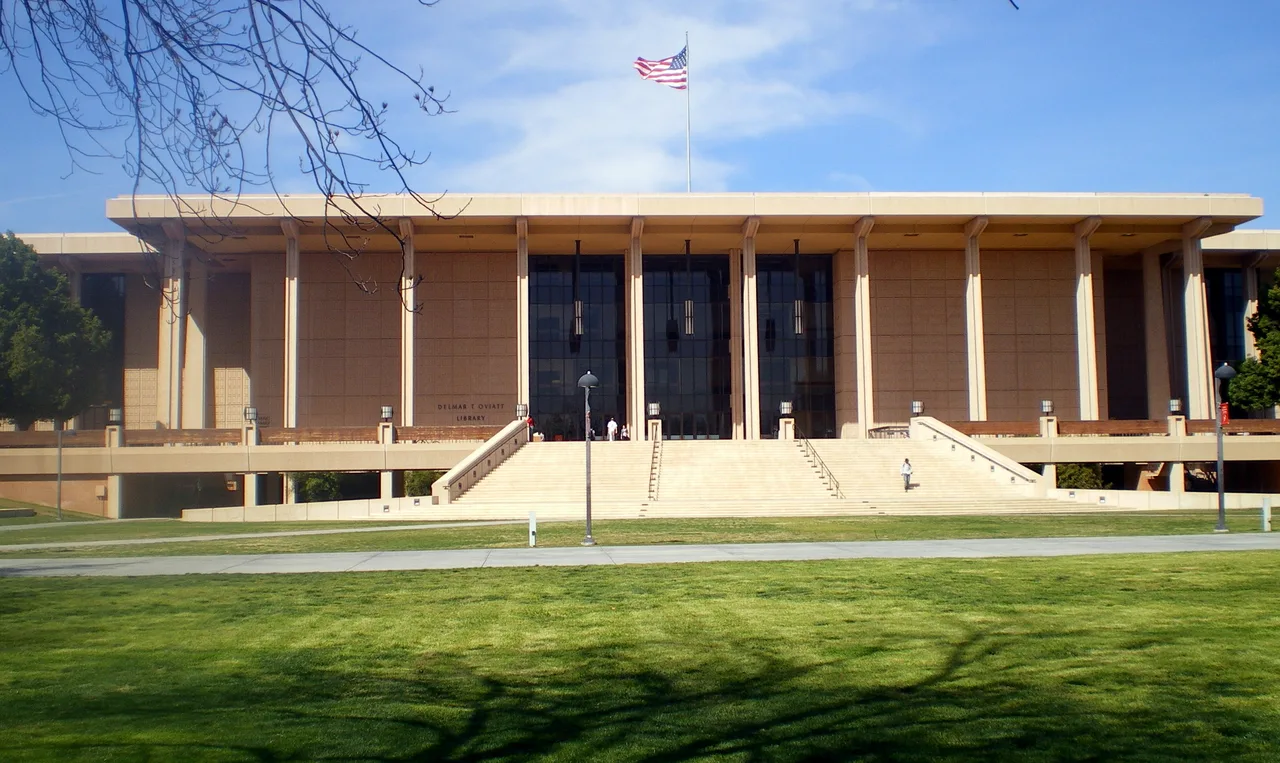 Library facade and broad steps at California State University, Northridge, pictured under the Oviatt name.
