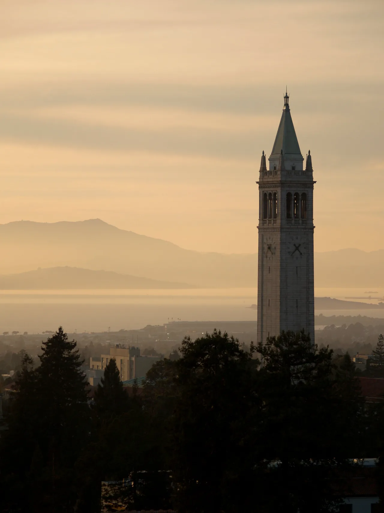 Sather Tower at sunset at University of California, Berkeley