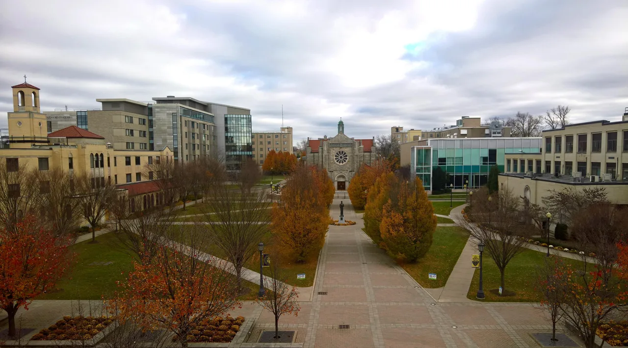 Autumn trees and campus buildings around the quad at Canisius University, photographed when named Canisius College.