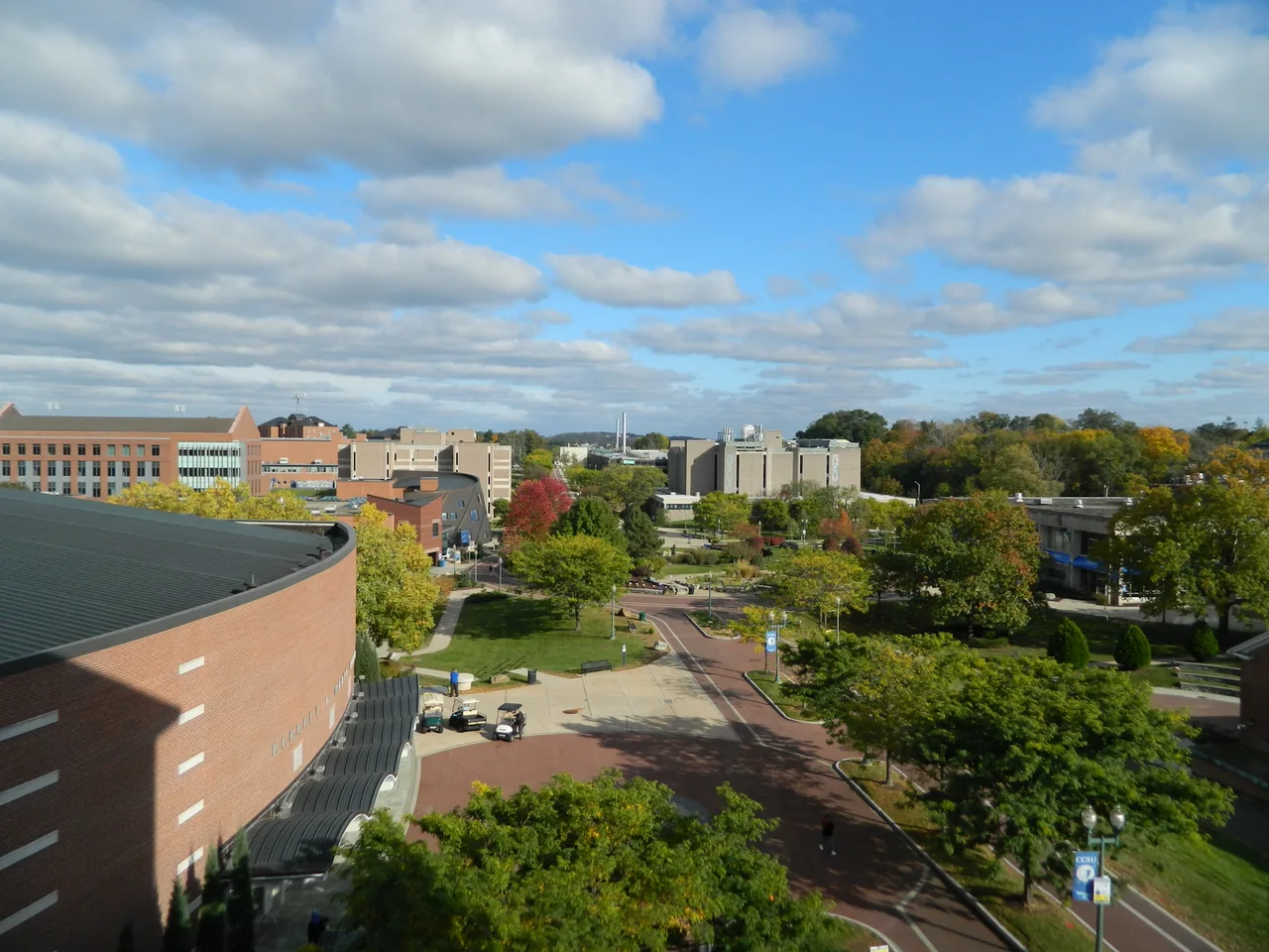 Central Connecticut State University buildings and tree-lined walks viewed from above in autumn.