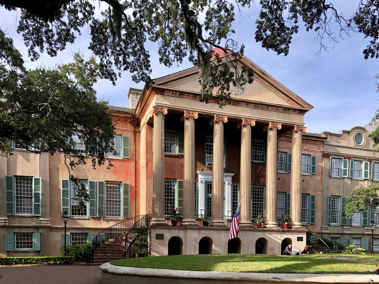 Columned entrance and lawn at Randolph Hall at the College of Charleston.