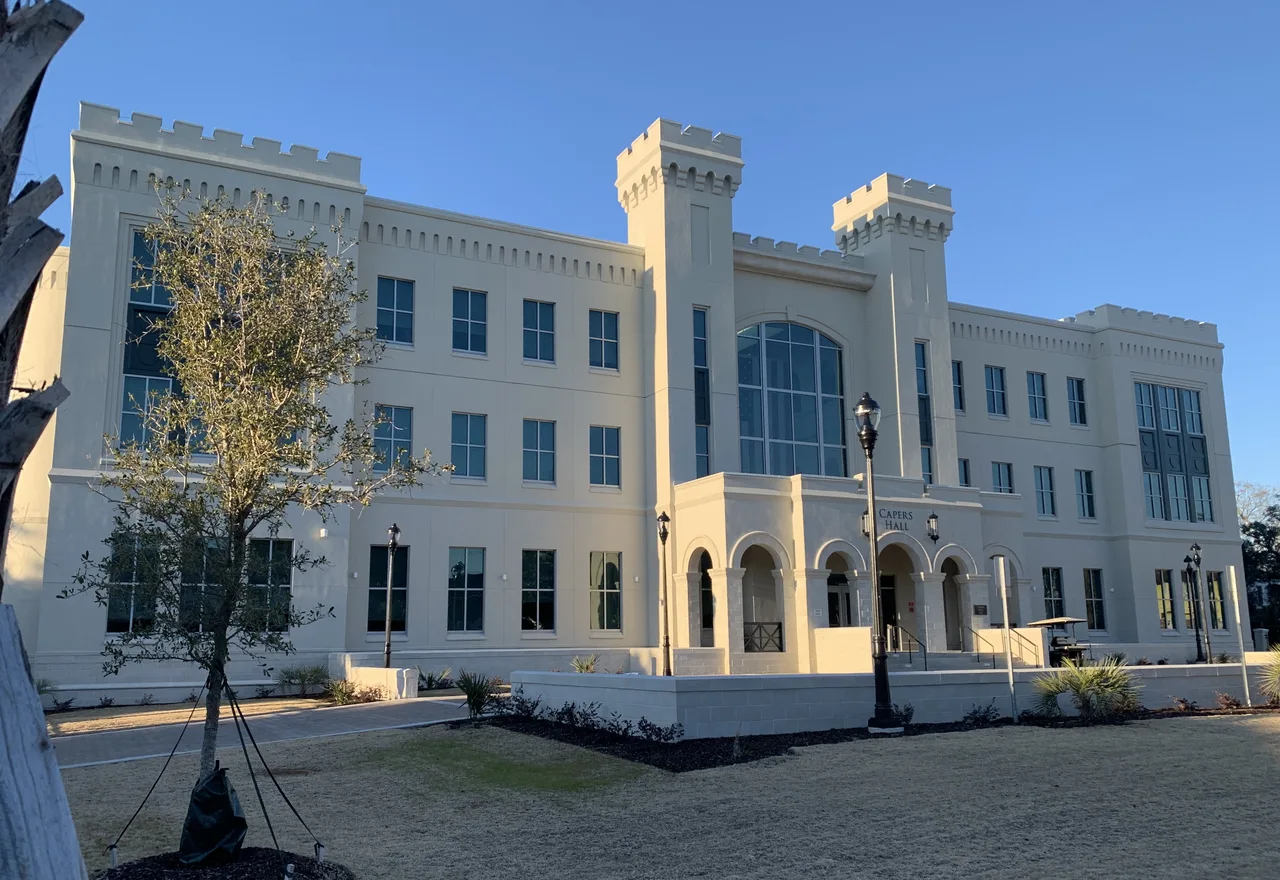 Capers Hall facade and arched entrance at The Citadel.