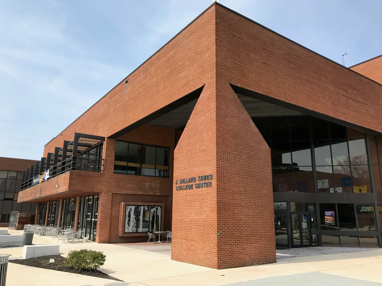 Brick-and-glass exterior of the J. Millard Tawes College Center at Coppin State University.