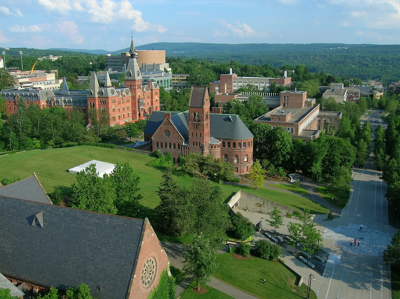 Cornell University campus buildings and lawns viewed from McGraw Tower.