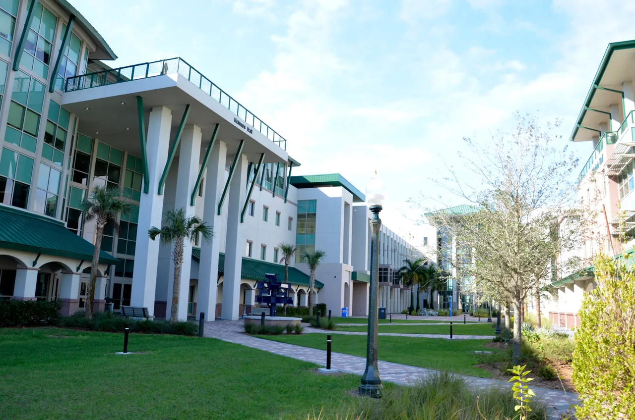 Florida Gulf Coast University campus buildings beside a landscaped walkway with palm trees and lawns