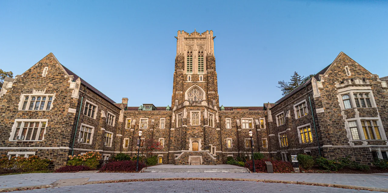 The stone facade and central tower of Lehigh University’s Alumni Memorial Building in Bethlehem, Pennsylvania.