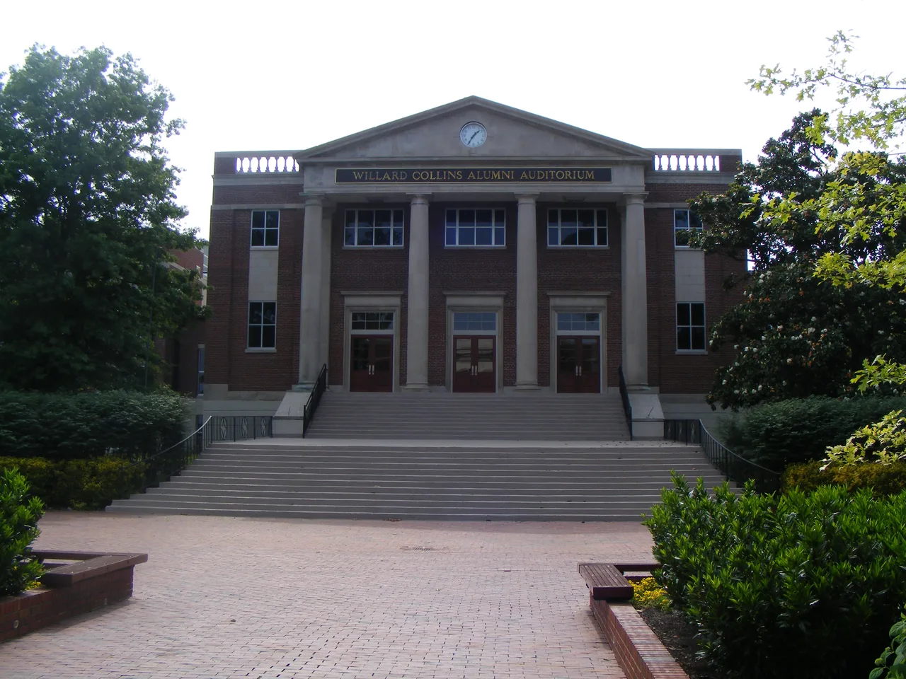 The brick-and-column auditorium facade beyond steps and a landscaped path at Lipscomb University in Nashville, Tennessee.