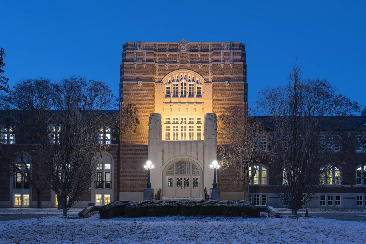 Illuminated Purdue Memorial Union exterior at Purdue University in West Lafayette