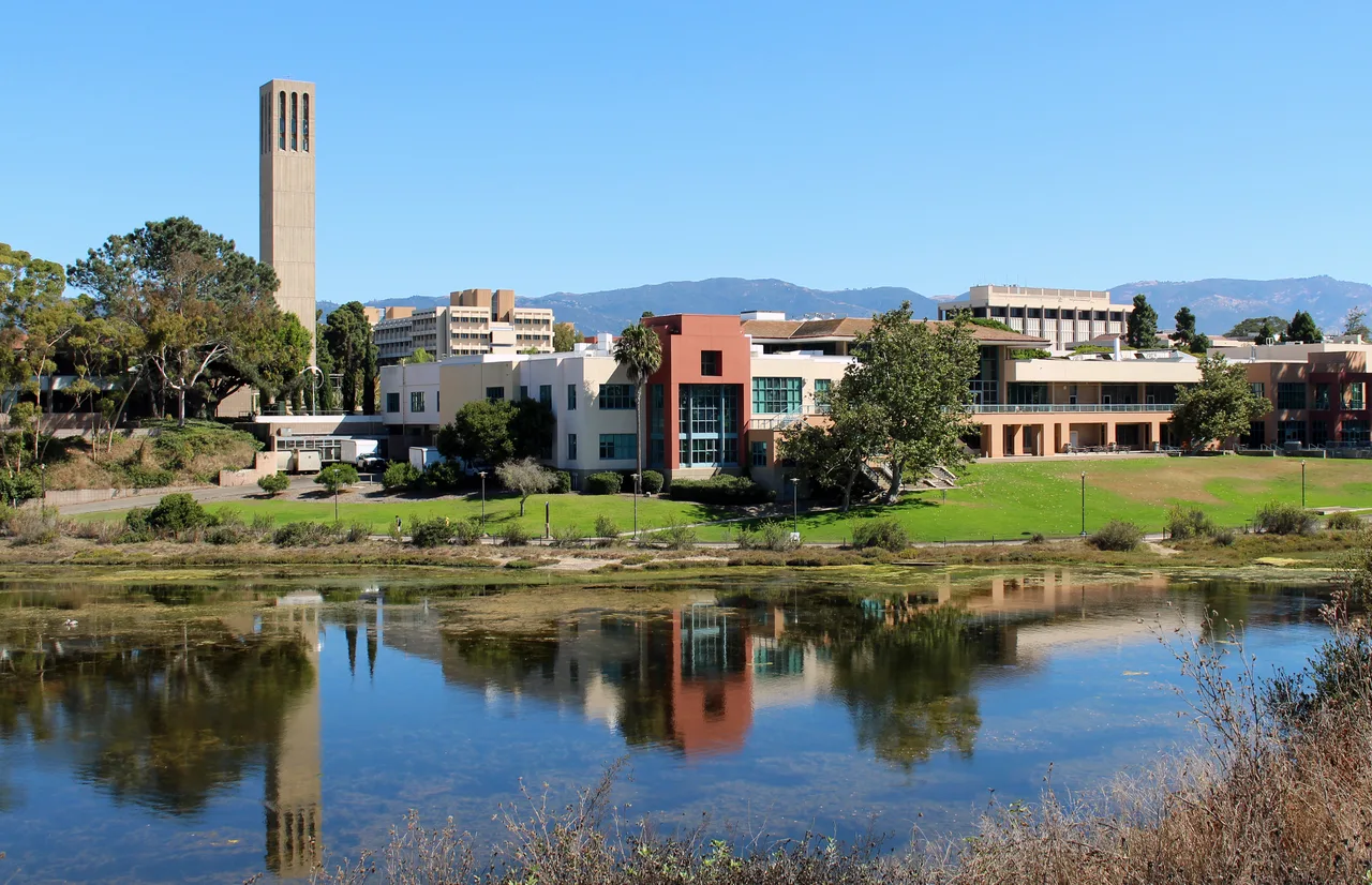 University Center and Storke Tower reflected in the campus lagoon at UC Santa Barbara.