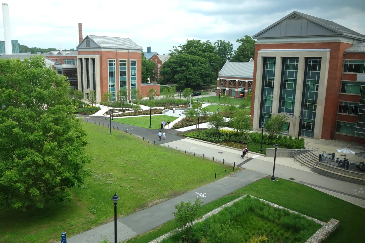 Brick campus buildings and landscaped walkways at the University of Connecticut in Storrs