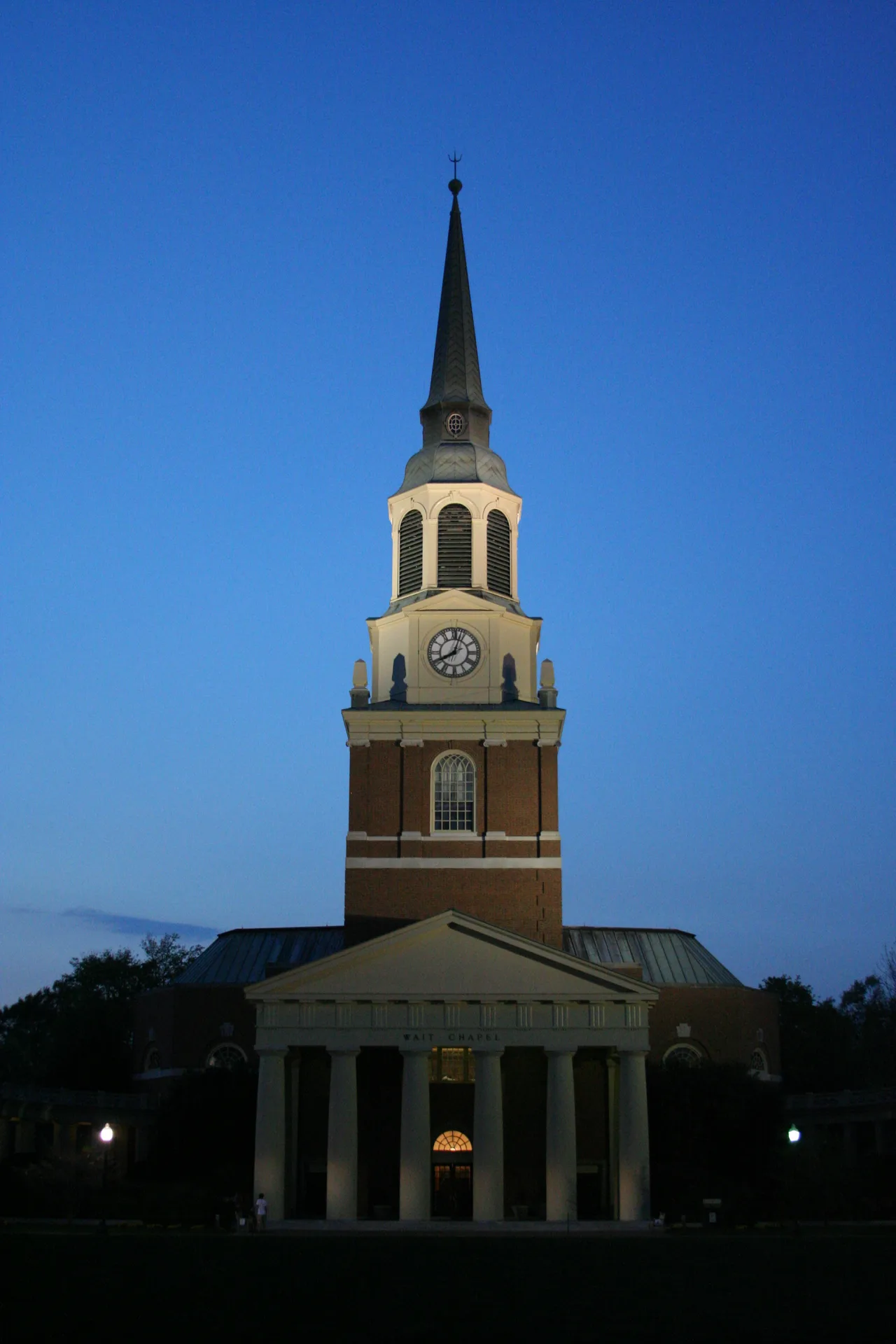 Wait Chapel at dusk at Wake Forest University